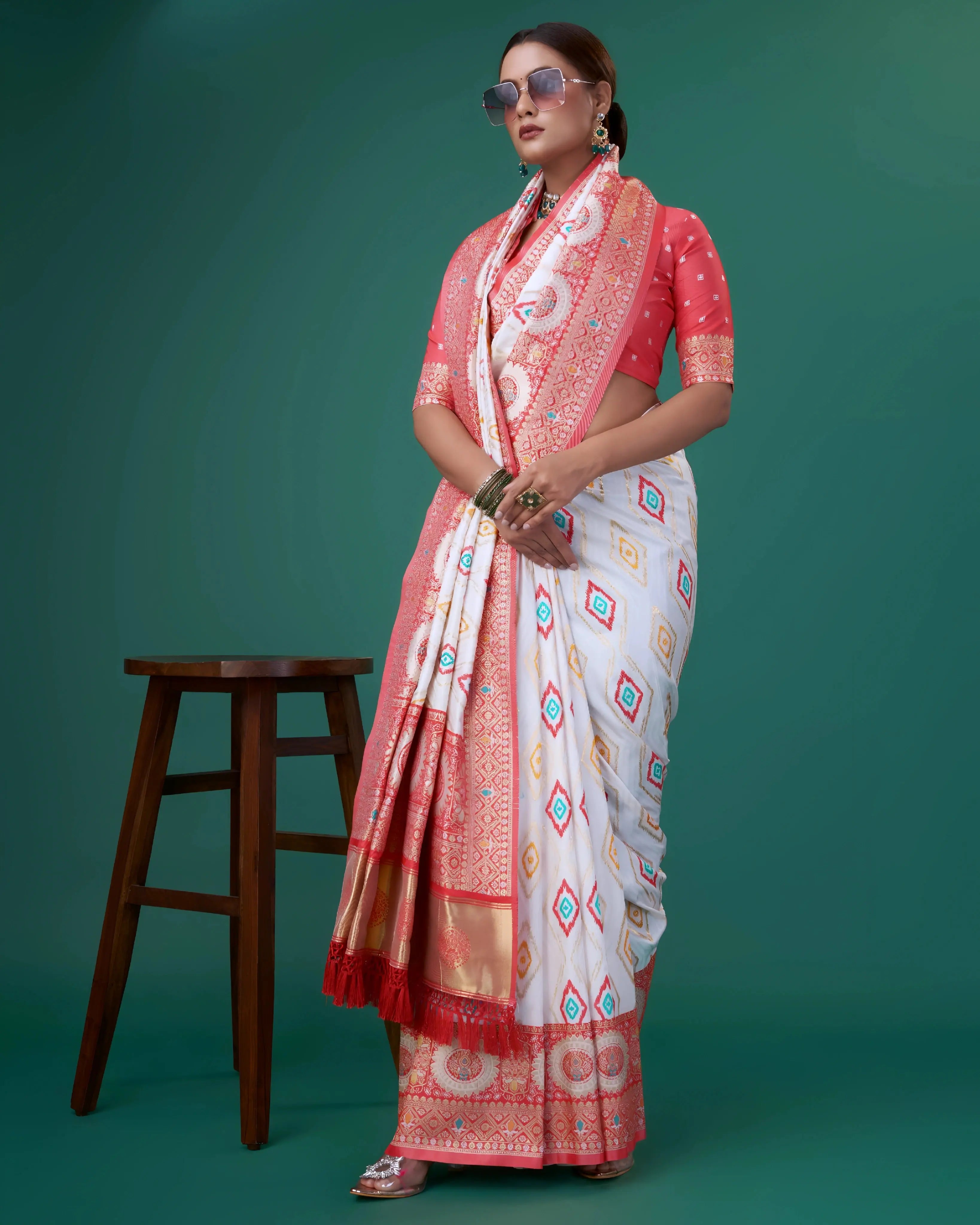 White Silk Saree Coral Border Geometric Motif